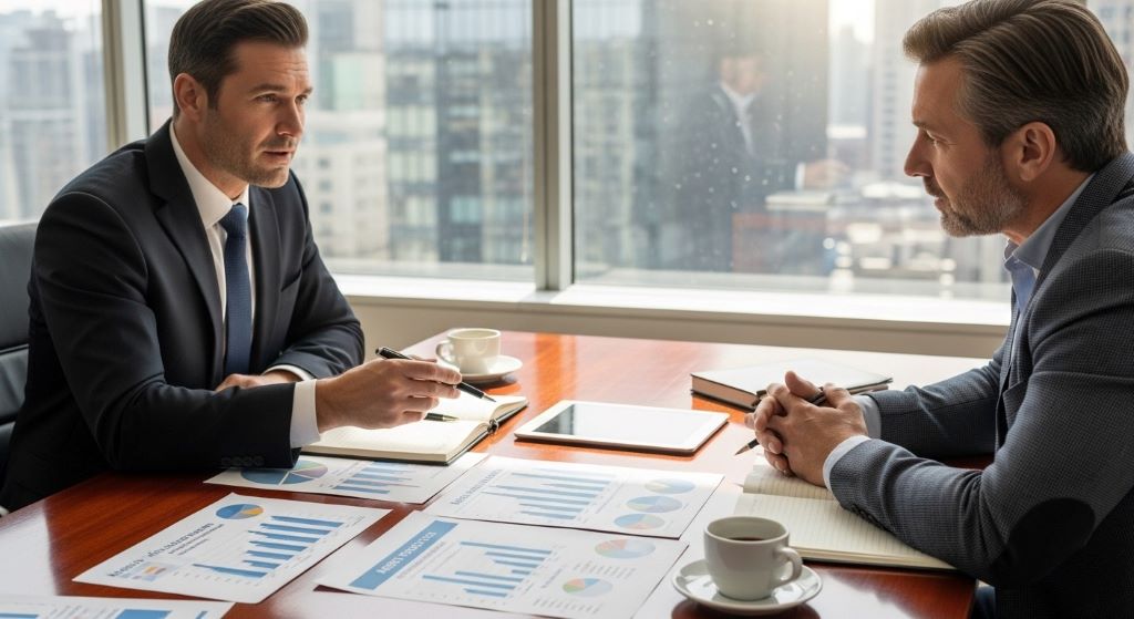 Business meeting between attorney and client discussing asset protection strategies with financial charts on table