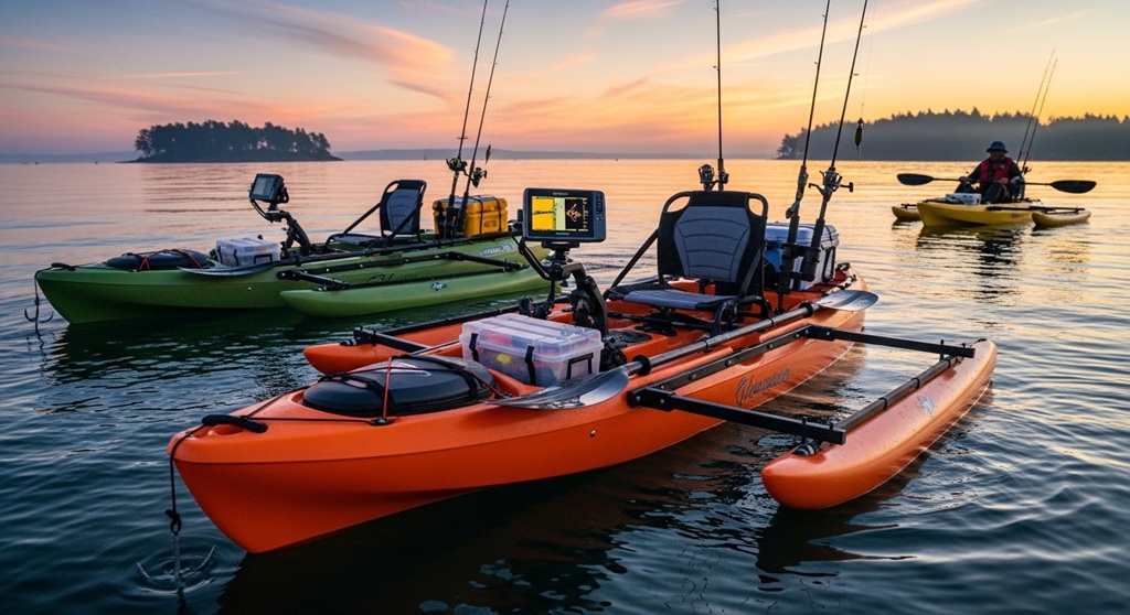 wide pontoon hull fishing kayak stability comparison diagram