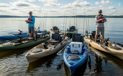 stable fishing kayak standing platform balance test on lake