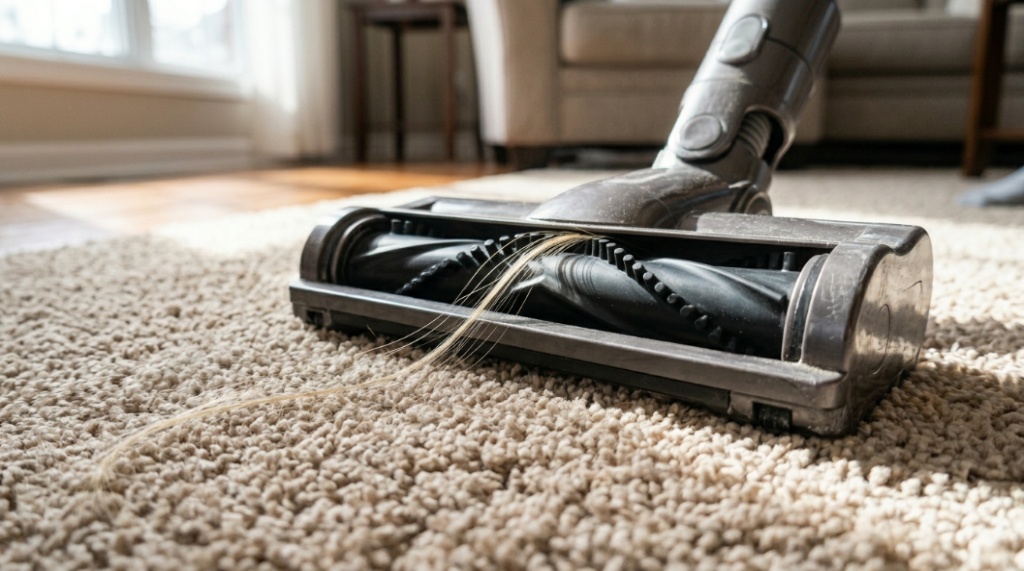 Close-up of an anti-tangle vacuum brush head removing long hair strands from a thick area rug.