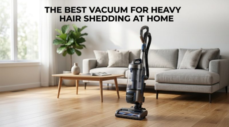 Modern upright vacuum in a living room with bold title text about heavy hair shedding solutions.