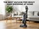 Modern upright vacuum in a living room with bold title text about heavy hair shedding solutions.