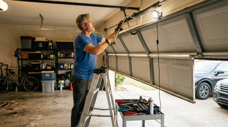 Homeowner in Dallas TX adjusting uneven garage door tracks