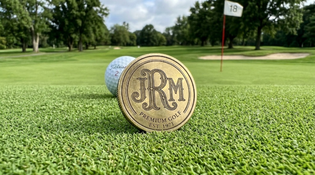 Close-up of an engraved premium golf ball marker with a monogram design resting on a golf course green