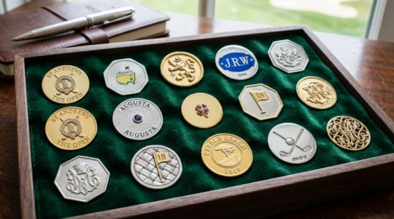 Collection of luxury golf ball markers in sterling silver and gold displayed on a green velvet surface