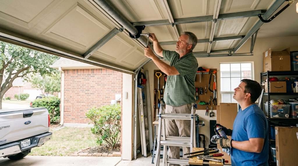 Professional technician leveling a residential garage door