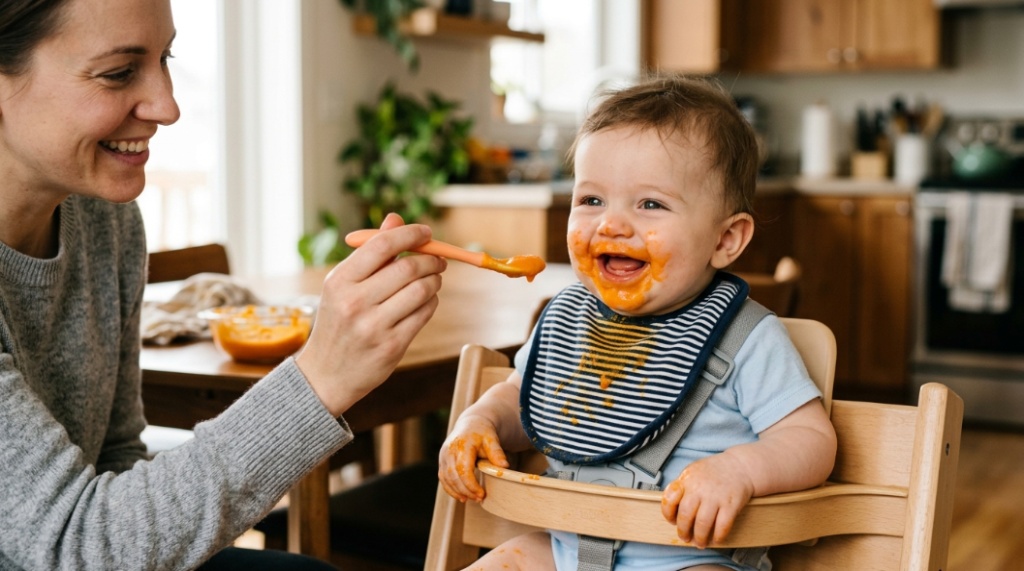 Baby sitting in high chair during feeding time

