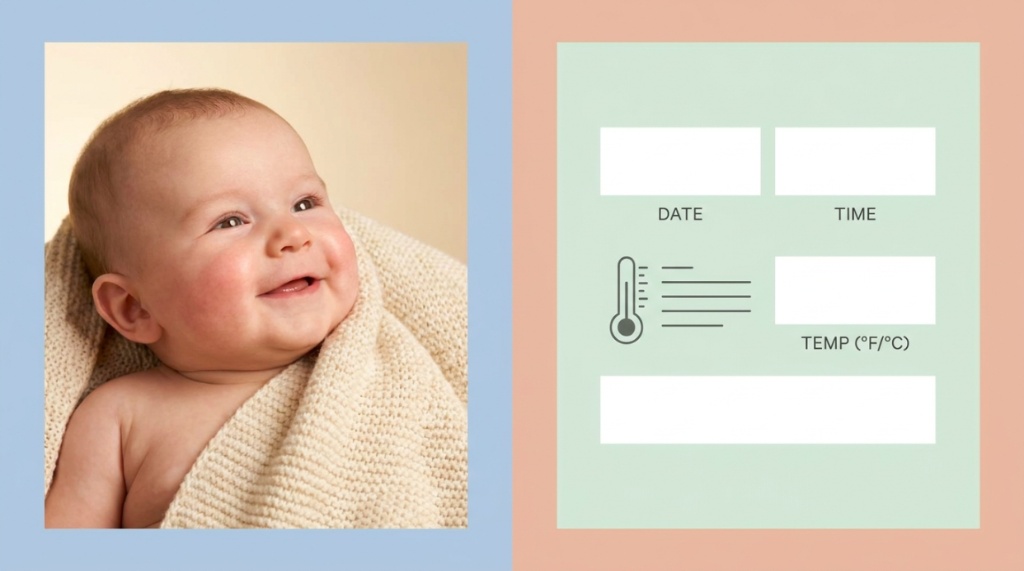 A healthy infant next to a clean layout for a fever temperature chart.