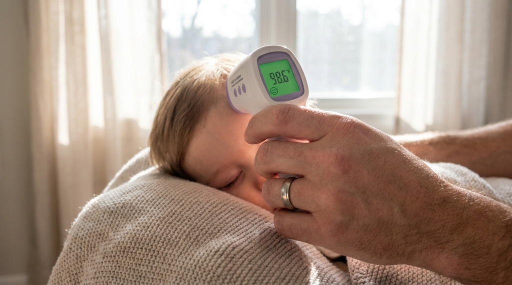A father using an infrared forehead thermometer on a sleeping toddler.