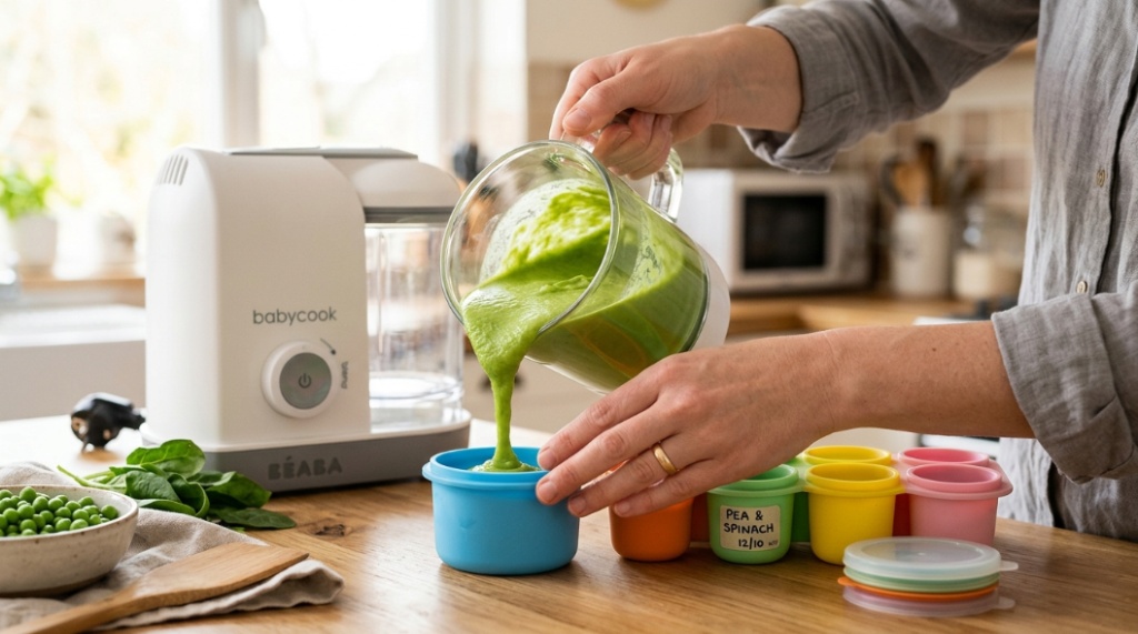 Fresh homemade baby food stored in feeding containers
