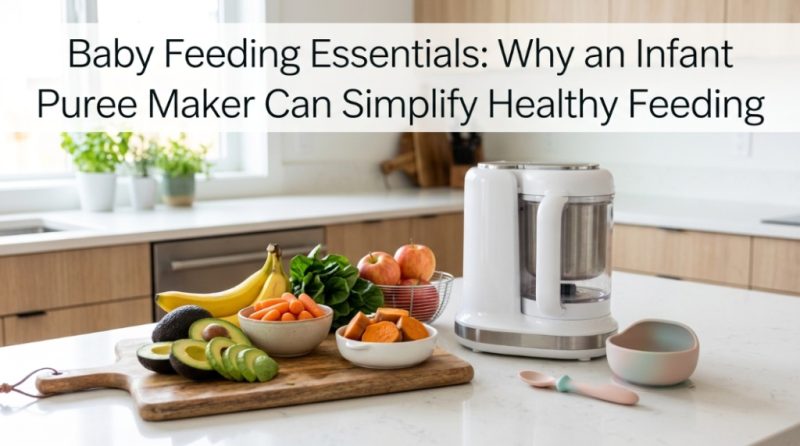 Parent preparing vegetable puree with infant puree maker