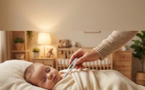 A mother checking her baby's temperature with a digital thermometer in a nursery.