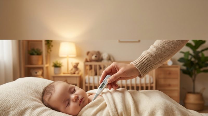 A mother checking her baby's temperature with a digital thermometer in a nursery.