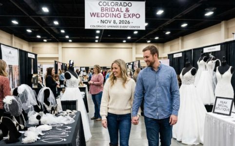 Engaged couple browsing wedding gowns and bridal accessories at the Colorado Bridal and Wedding Expo on November 8, 2026, at the Colorado Springs Event Center