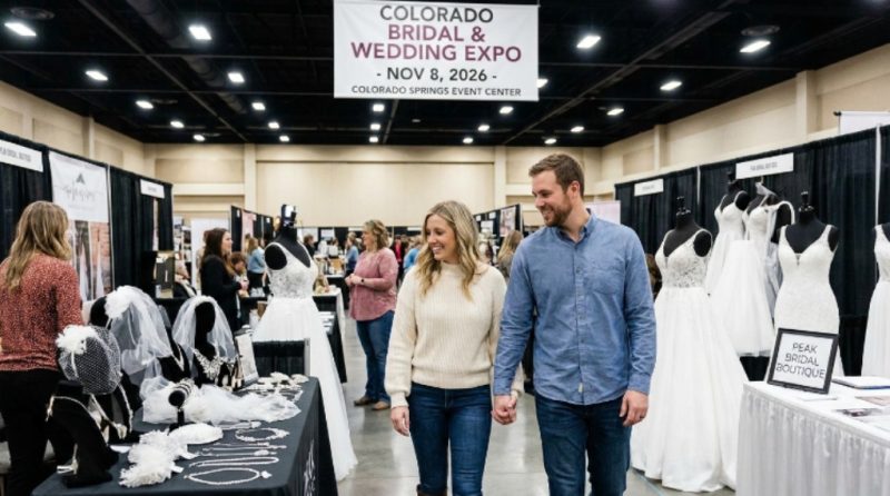 Engaged couple browsing wedding gowns and bridal accessories at the Colorado Bridal and Wedding Expo on November 8, 2026, at the Colorado Springs Event Center