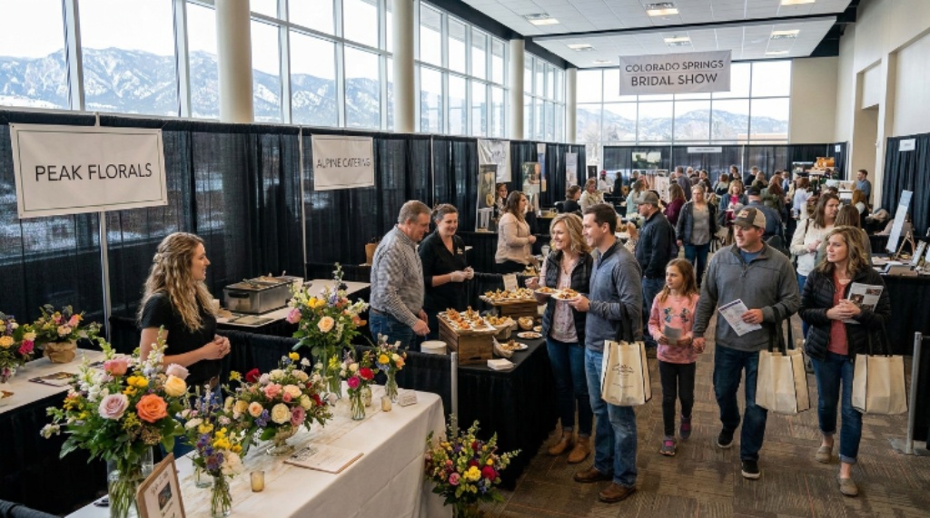 Wedding vendors showcasing floral centerpieces and catering samples to visiting brides, grooms and families at the Colorado Springs bridal show