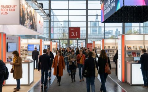 Visitors browsing exhibitor stands at Frankfurt Book Fair 2026 inside Messe Frankfurt exhibition halls