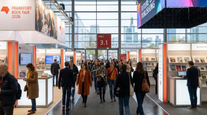 Visitors browsing exhibitor stands at Frankfurt Book Fair 2026 inside Messe Frankfurt exhibition halls