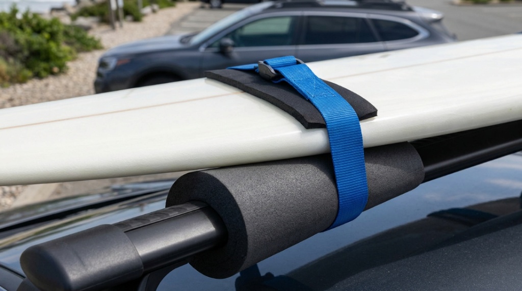 Vertical and horizontal surfboard stands side-by-side inside an organized garage.