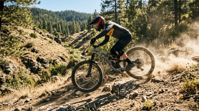 A mountain biker riding a Canyon Spectral 125 AL 5 down a rocky trail.