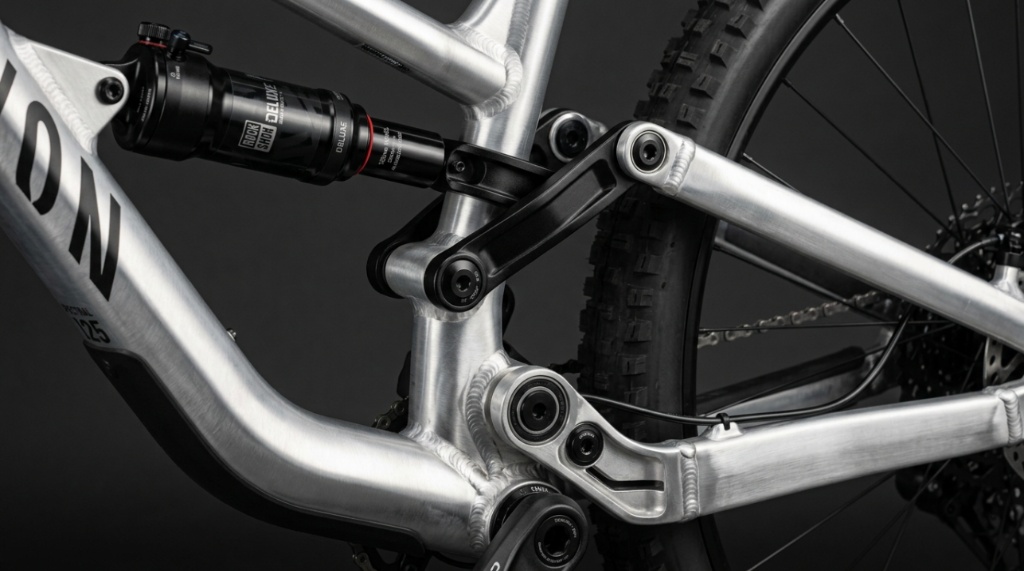 Close-up of the aluminum frame and rear suspension on a Canyon Spectral bike.