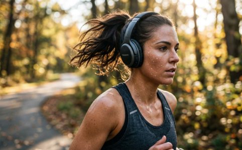 A runner wearing lightweight ergonomic headphones during an outdoor morning workout.