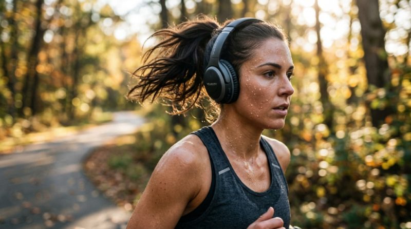 A runner wearing lightweight ergonomic headphones during an outdoor morning workout.