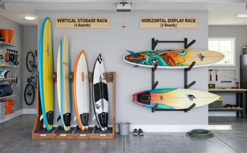 A vertical wooden surfboard stand holding two boards in a bright living room.