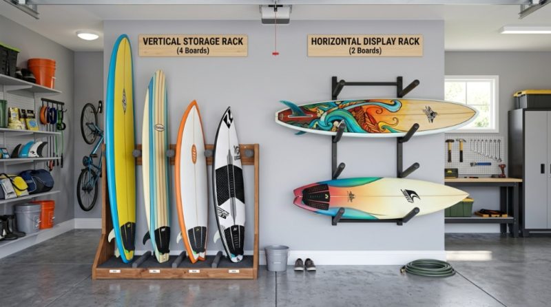 A vertical wooden surfboard stand holding two boards in a bright living room.