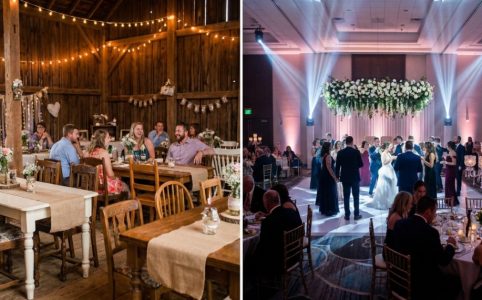 ALT Text: Split view comparing backyard wedding string lights with a dramatic professional indoor light display.