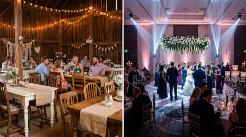 ALT Text: Split view comparing backyard wedding string lights with a dramatic professional indoor light display.