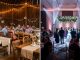 ALT Text: Split view comparing backyard wedding string lights with a dramatic professional indoor light display.