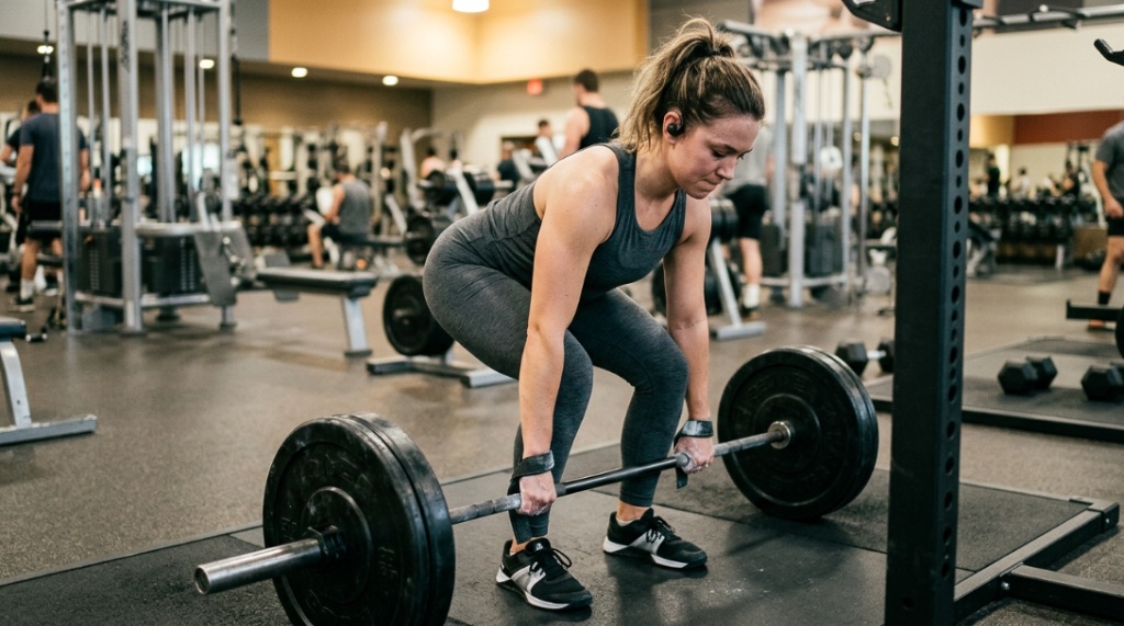 A fitness enthusiast wearing sweatproof wireless earbuds during a gym session.