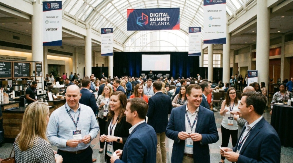 Marketing professionals networking at Digital Summit Atlanta conference venue