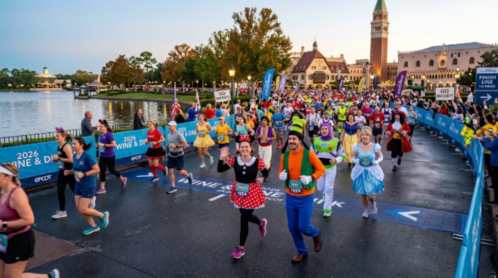 Participants dressed as Disney characters running through EPCOT World Showcase during the Wine and Dine 10K race at Walt Disney World in October 2026