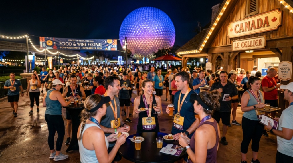 Runners and guests enjoying food and drinks at the EPCOT International Food and Wine Festival booths during the Post-Race Party on October 25, 2026