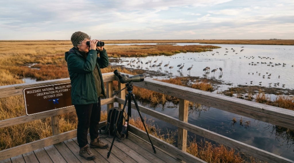 A birdwatcher with binoculars watching sandhill cranes and migratory waterfowl from an observation platform at a US national wildlife refuge in October 2026