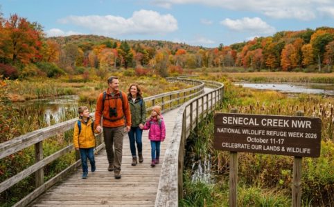 A family hiking a scenic boardwalk trail surrounded by autumn foliage and wetlands at a national wildlife refuge during National Wildlife Refuge Week 2026