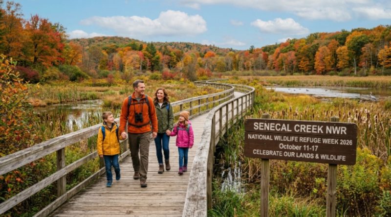 A family hiking a scenic boardwalk trail surrounded by autumn foliage and wetlands at a national wildlife refuge during National Wildlife Refuge Week 2026
