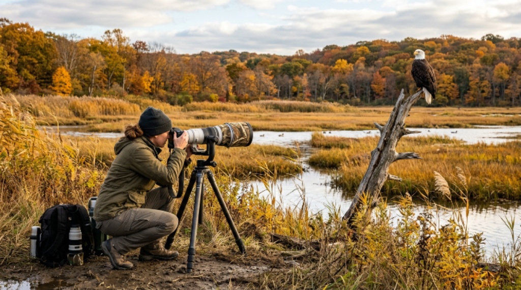 A wildlife photographer capturing images of a bald eagle perched near a marsh at a national wildlife refuge during fall migration season in October 2026