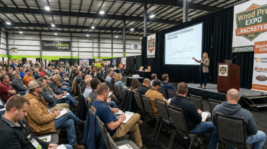 Cabinet makers and shop owners attending a keynote session on pricing strategy at Wood Pro Expo Lancaster 2026 in Manheim, PA