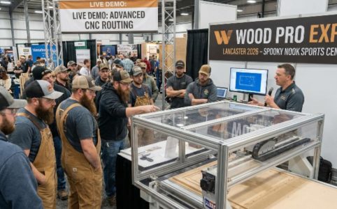 Professional woodworkers watching a live CNC router demonstration on the expo floor at Wood Pro Expo Lancaster 2026 at Spooky Nook Sports Center in Manheim, Pennsylvania