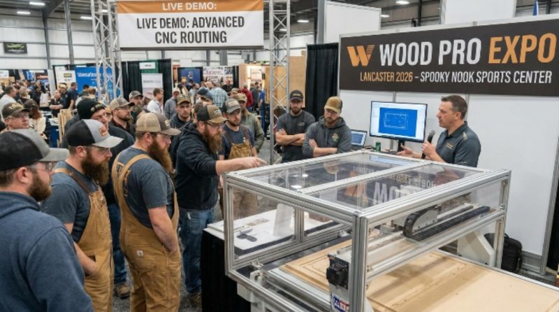 Professional woodworkers watching a live CNC router demonstration on the expo floor at Wood Pro Expo Lancaster 2026 at Spooky Nook Sports Center in Manheim, Pennsylvania