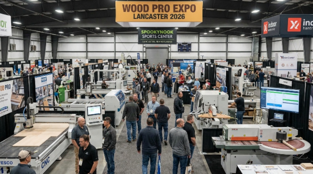 Exhibitors showcasing woodworking machinery, finishing equipment, and production software at Wood Pro Expo Lancaster 2026 at Spooky Nook Sports Center