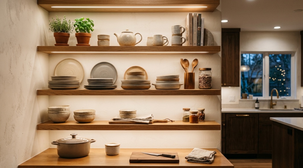 Kitchen countertop glowing bright under functional LED strip lighting.