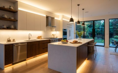 Bright modern kitchen glowing with warm under-cabinet LED strip lights.