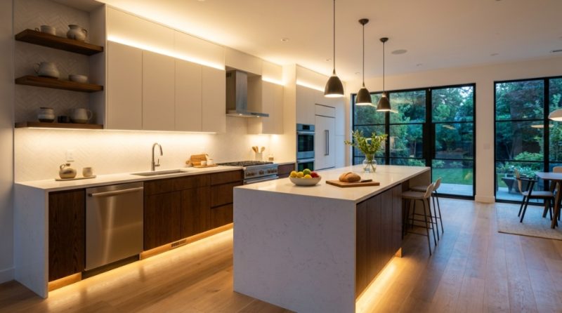 Bright modern kitchen glowing with warm under-cabinet LED strip lights.