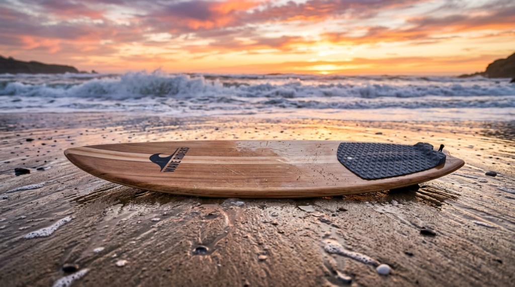 Skimboarder catching a powerful shorebreak wave on a carbon fiber board.