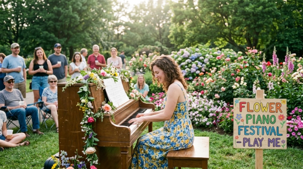 Visitor playing outdoor piano during Flower Piano festival