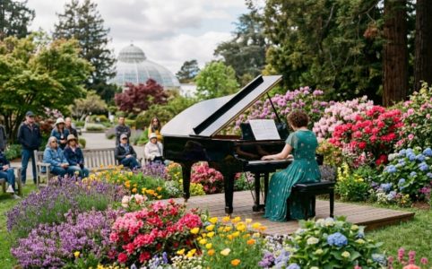 Golden Gate Park garden path lined with musical instruments